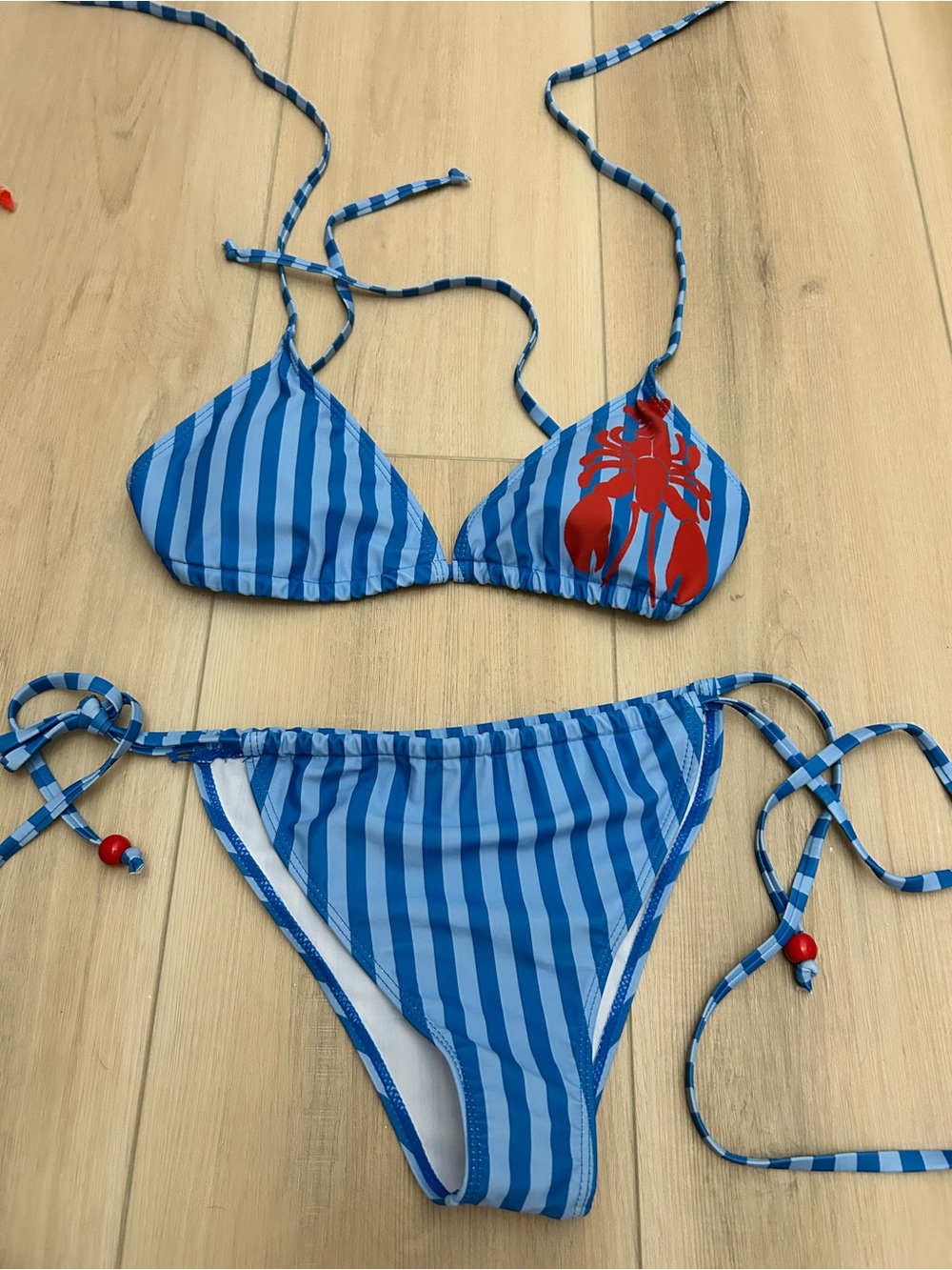 Blue Striped Kids Bikini with Red Lobster Print - Youth Swim Set